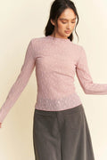 Davi & Dani Long Sleeve Sheer Small Embroidered Bows Lace Top
