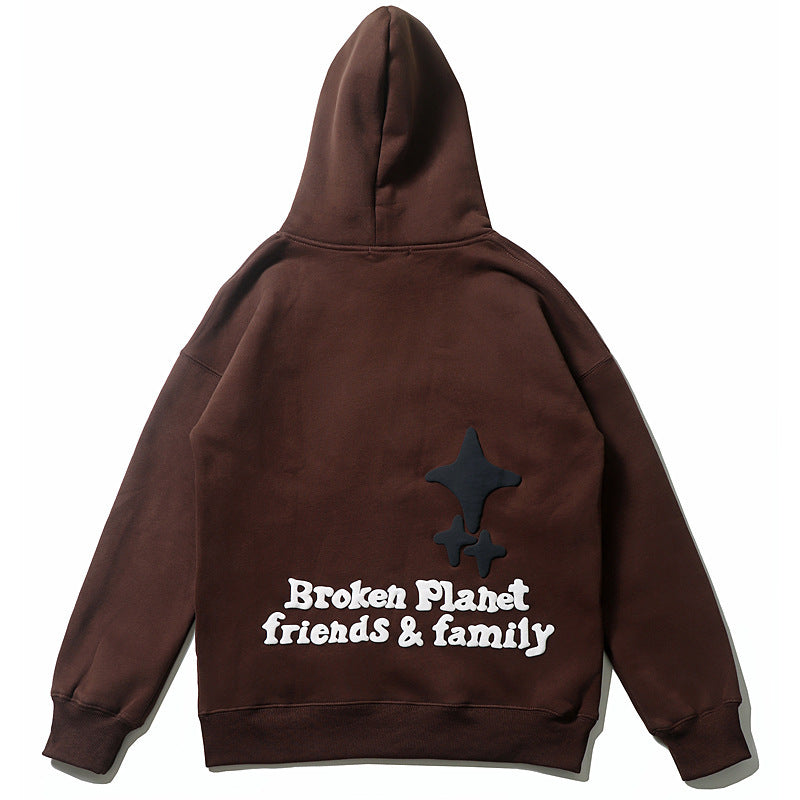 Men's Bat Print Velvet Hoodie - American Retro Pullover with Wool Lining (Dark Brown)