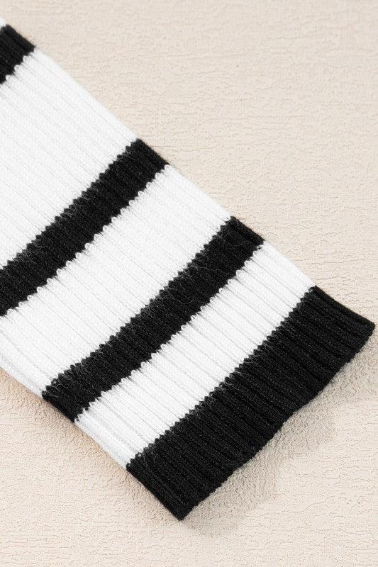 Stripe Scalloped Scoop Neck Ribbed Knit Sweater
