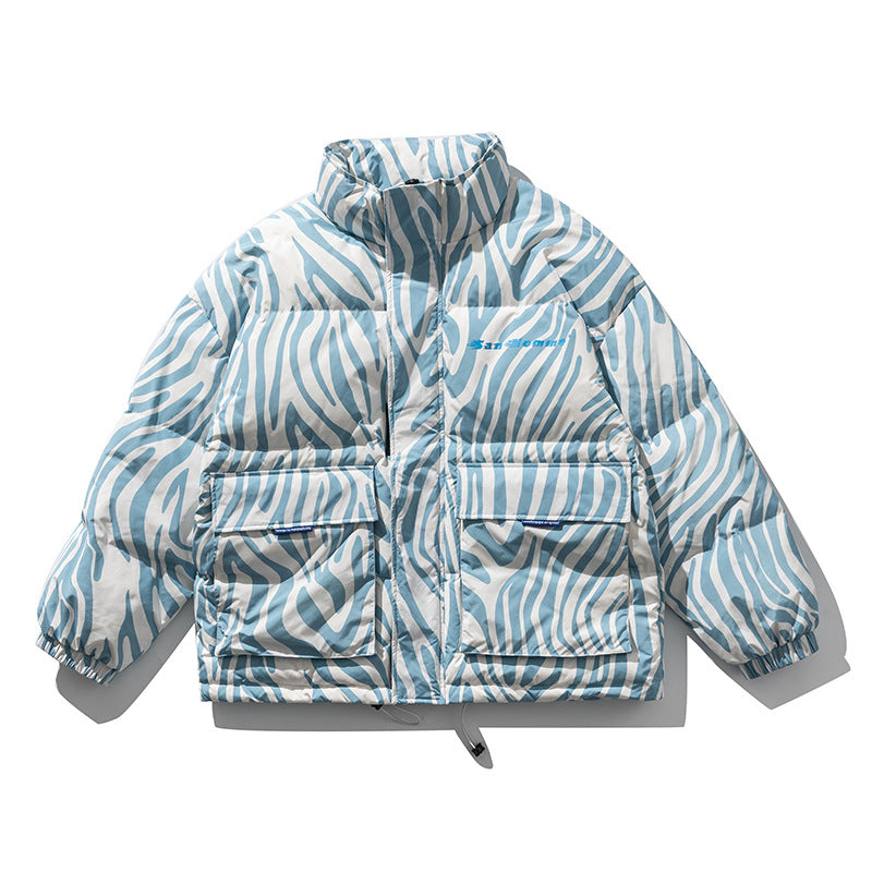 Men's Stand-Collar Down Jacket American Casual Loose Zebra Pattern Thick Coat