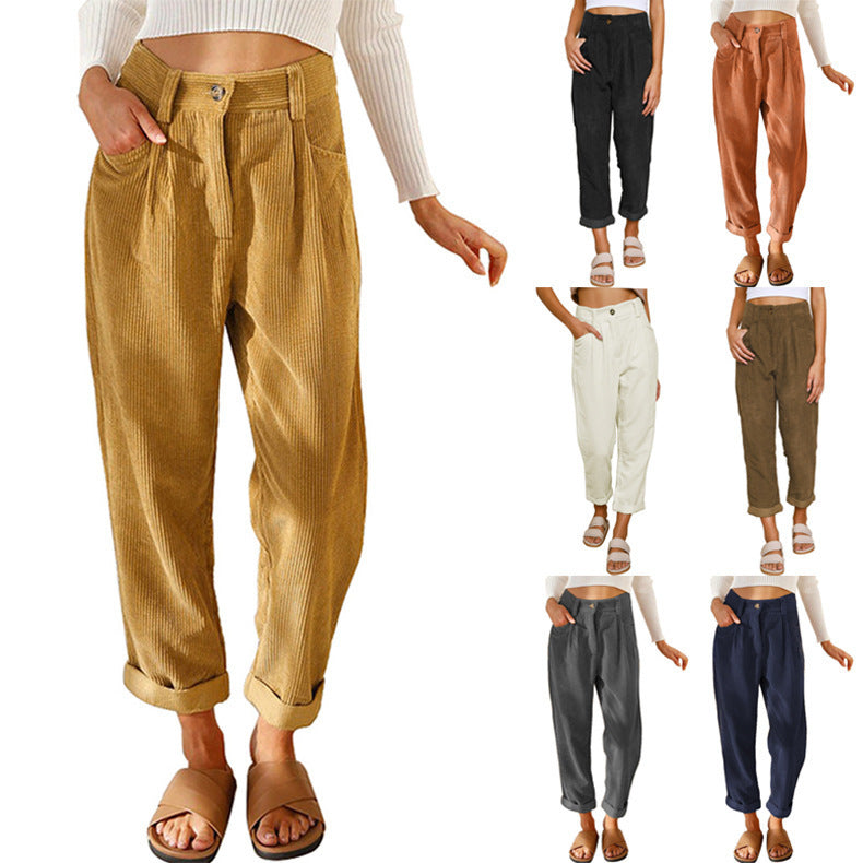Women's High Waist Pure Color Corduroy Casual Pants