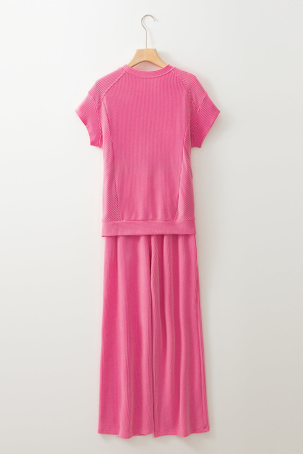 Luxury Solid Corded Short Sleeve T Shirt And Wide Leg Pants Set