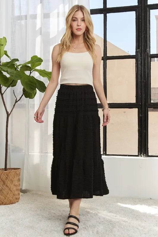 ADORA Elastic Waistband Tiered Midi Skirt