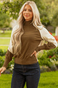 Colorblock Raglan Puff Sleeve Mock Neck Sweater