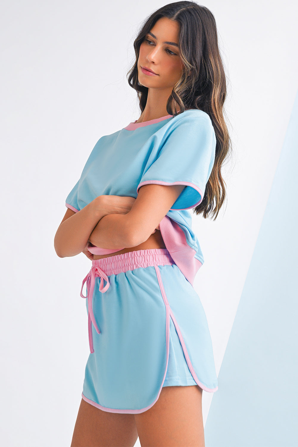 Luxury Colorblock Edge Drop Shoulder T Shirt and Skort Set