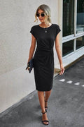 Solid Crewneck Short Sleeve High Waisted Fit Midi
