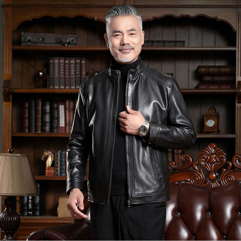 Men's PU Leather Jacket - Classic Lapel Collar Coat for Middle-Aged Men