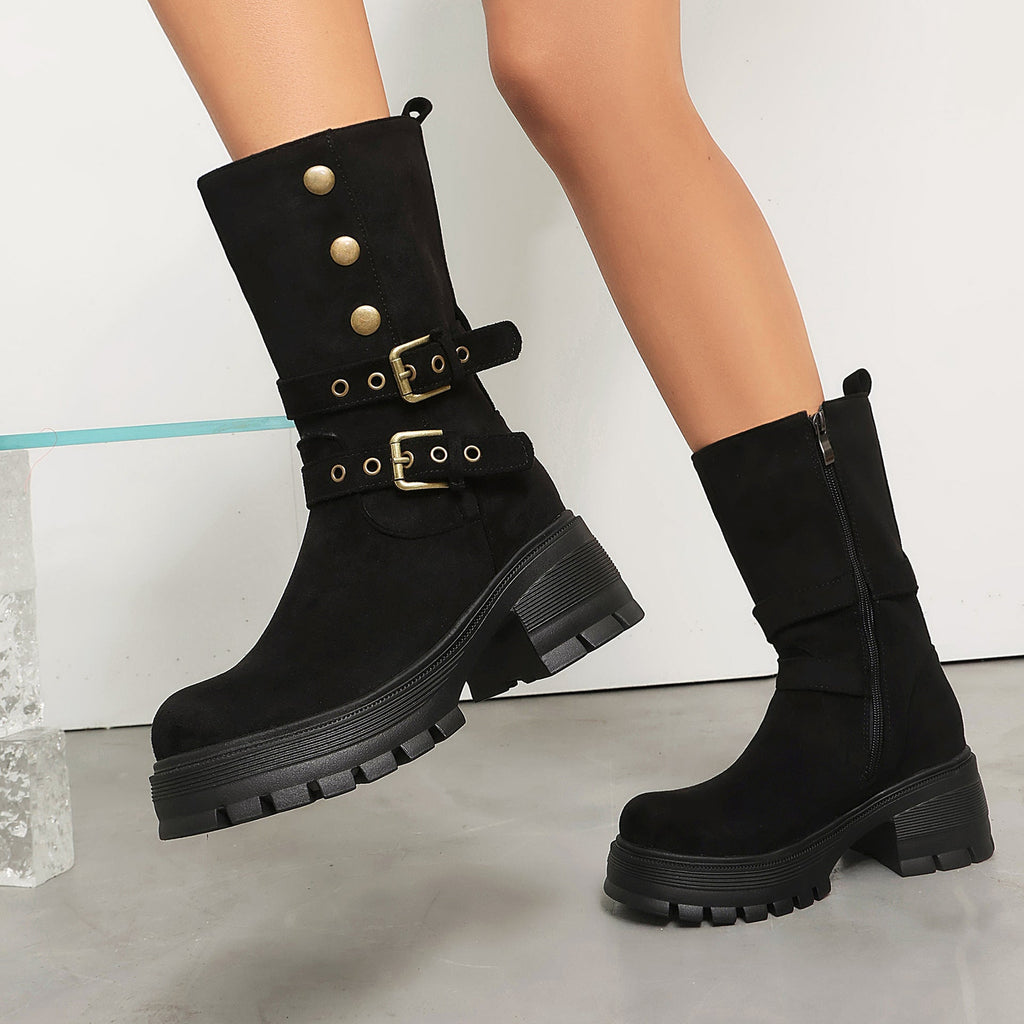 Women's Punk Moto Boots – Dual Buckle Strap Studded Platform Block Heel