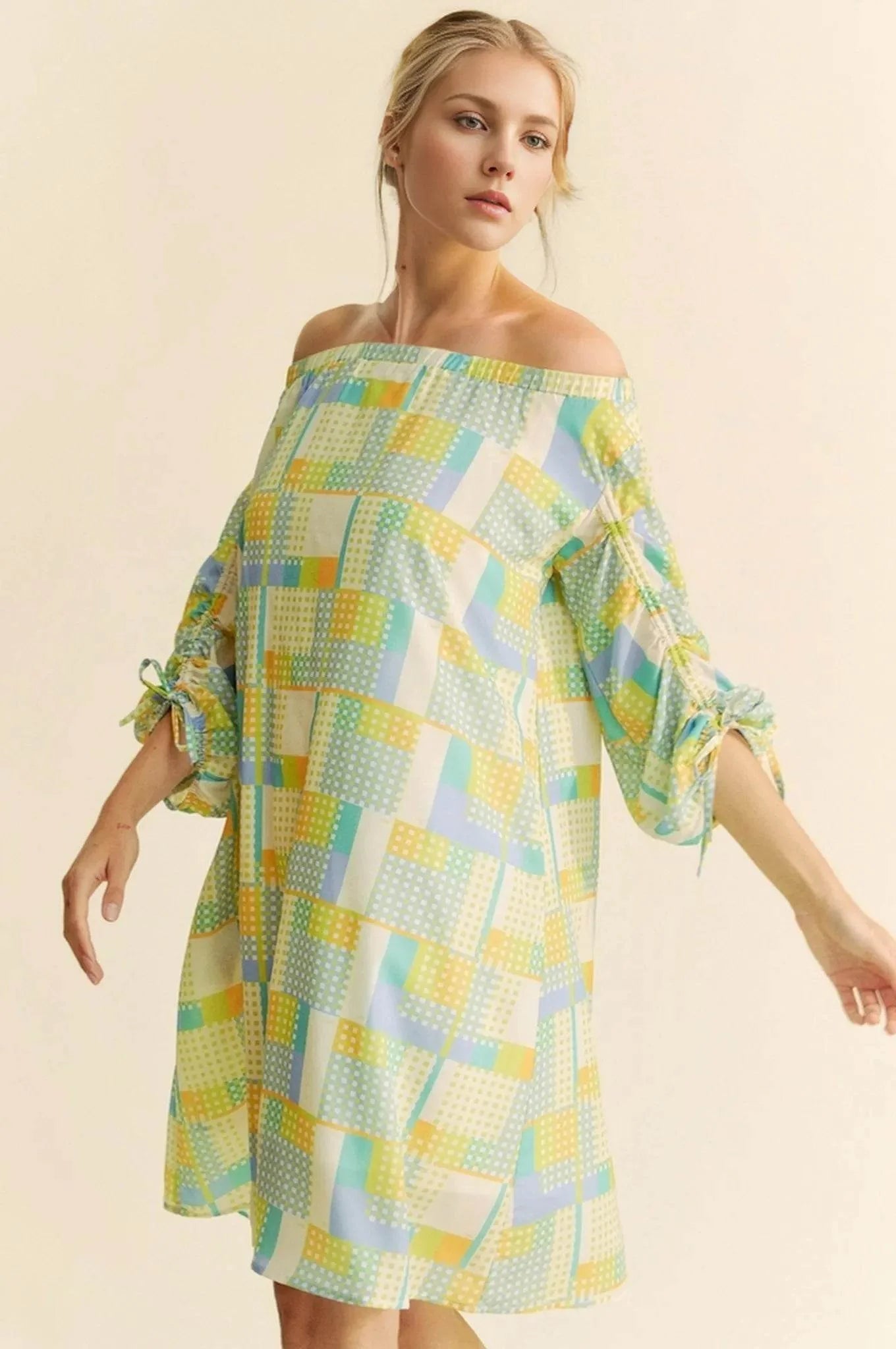 Davi & Dani Printed Off Shoulder Drawstring Sleeve Mini Dress
