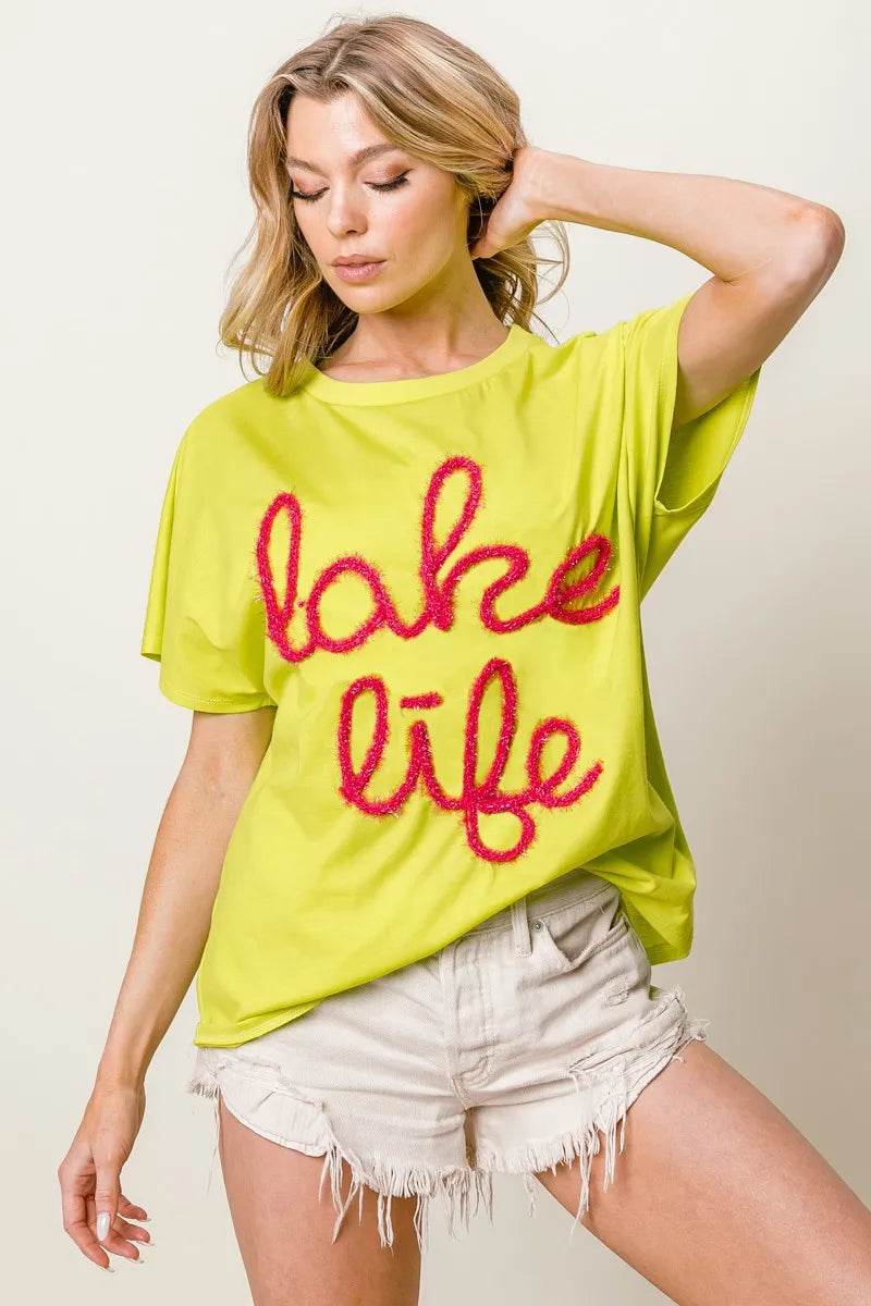 BiBi Metallic Letter Short Dolman Sleeve Top