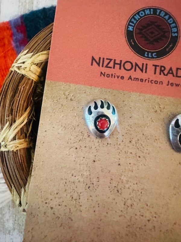 Navajo Coral & Sterling Silver Bear Paw Stud Earri
