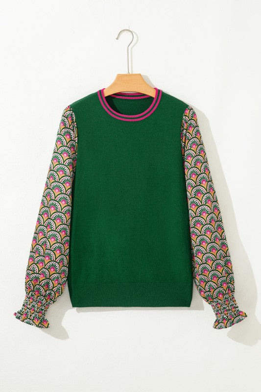 Floral Patchwork Puff Sleeve Sweater