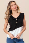 BiBi Color Block Contrast Stitching Buttoned Henley Top