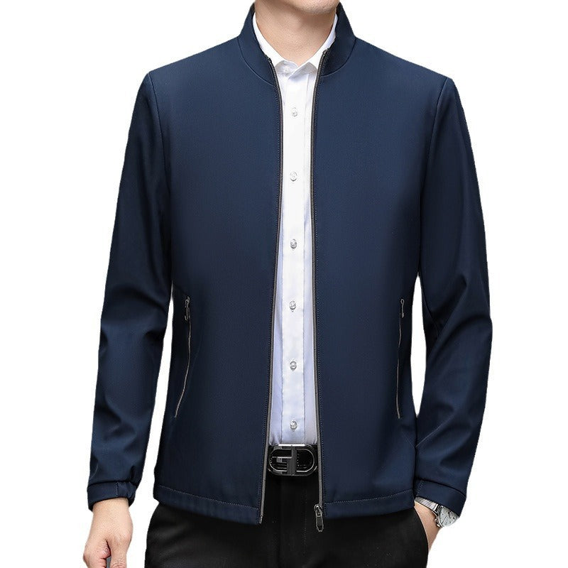 Men's Stand Collar Casual Jacket - Lightweight Middle-Aged Outerwear (Blue/Black/Brown, Sizes 170-195cm)