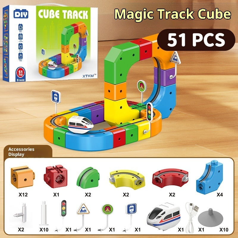 Electric Train Track Building Blocks - Assembled Cube Track Toy Set for Kids Ages 4-6 (51, 81, 123 PCs)