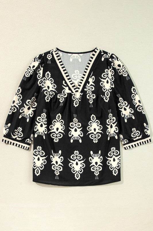 Vintage Geometric Printed V Neck Blouse
