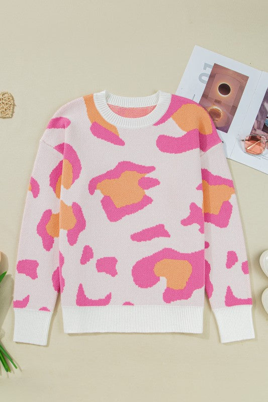 Leopard Round Neck Drop Shoulder Sweater