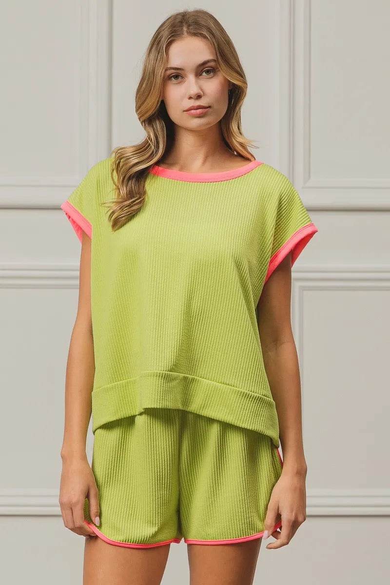 BiBi Cord Rib Knit Contrast Banded Top