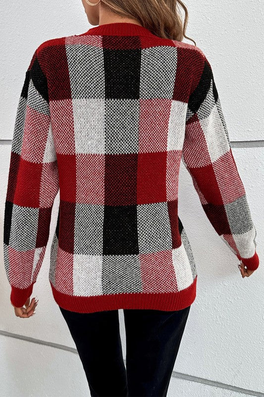 Plaid Print Round Neck Knit Loose Fit Sweater