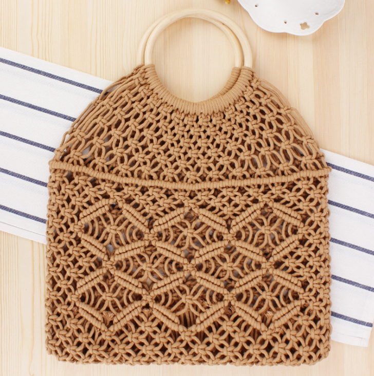 Popula Cotton Rope Hollow Straw Bag Sheer Macrame Tote wooden ring rattan handle Net Bag Vintage Retro Chic handbag