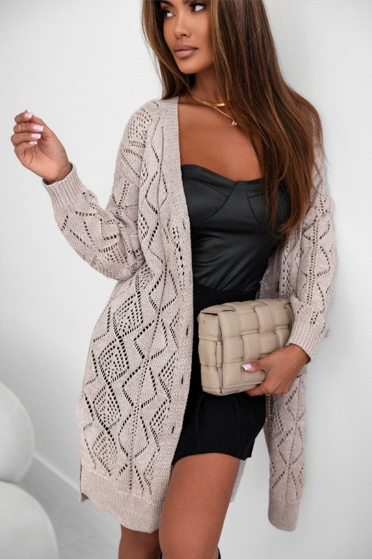Solid Openwork Knit Button-Up Cardigan