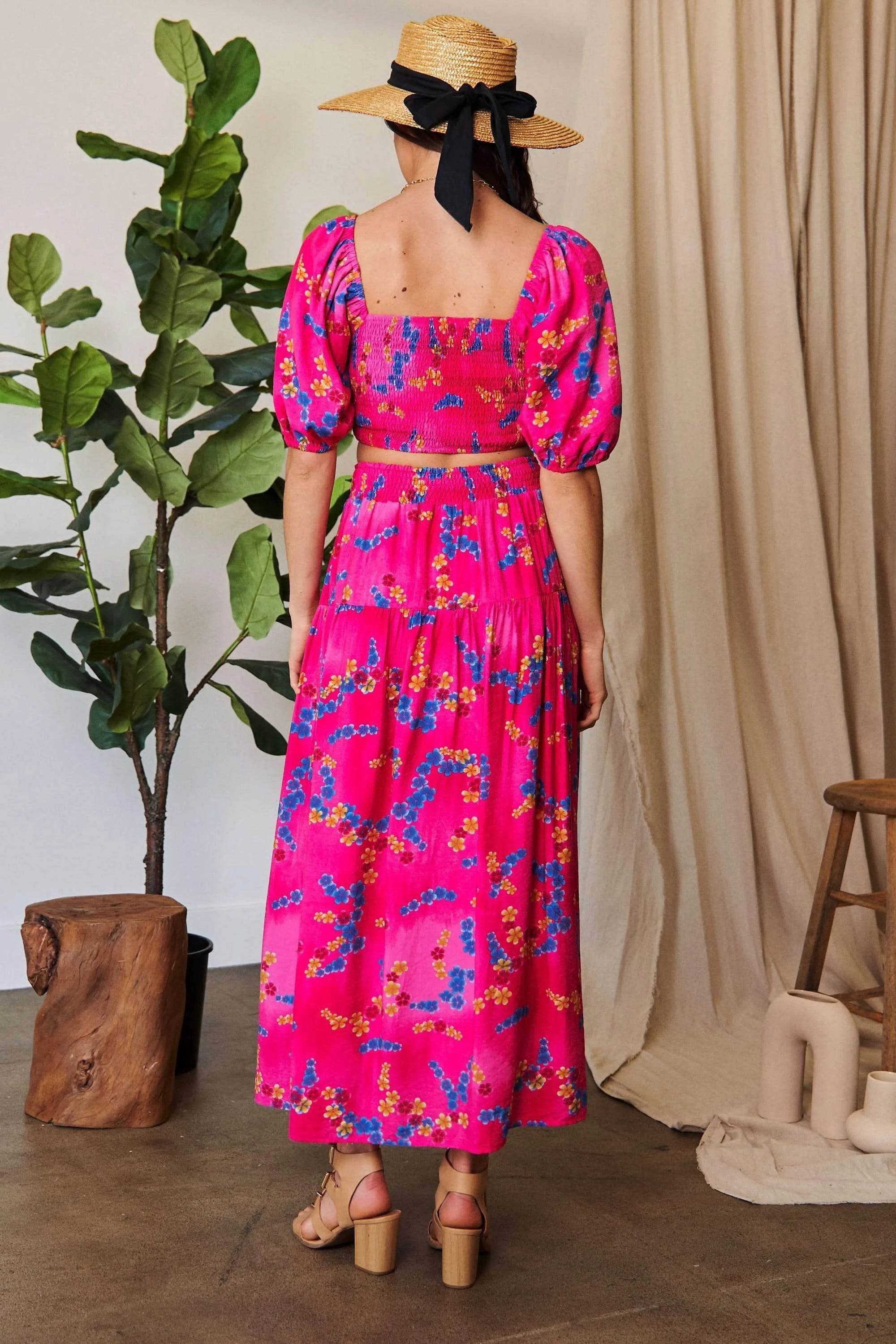 Davi & Dani Printed Smocking Waistband Ruffled Maxi Skirt