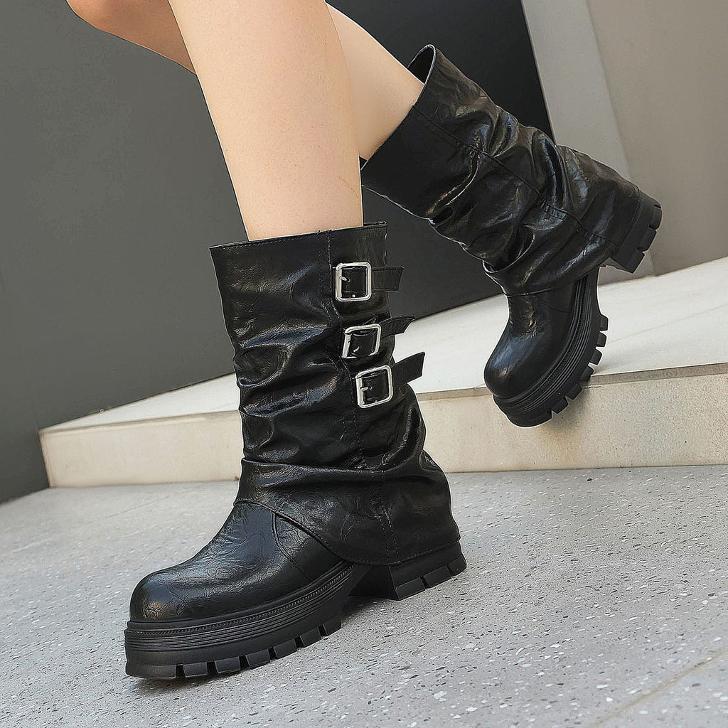 Women's Punk Slouchy Triple Buckle Mid-Calf Boots – Crinkled PU Platform