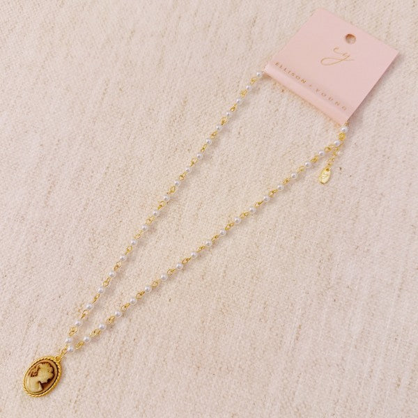 Vintage Pearl Chain Cameo Pendant Necklace