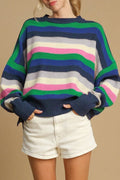 Rainbow Striped Crew Neck Drop Shoulder Sweater