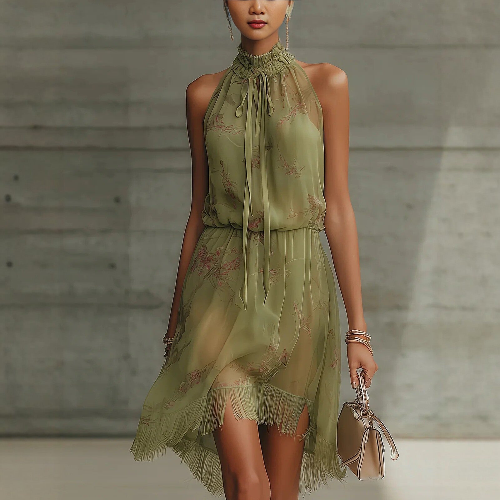 V-Neck Waist Trimming Ruffles Elegant Dress