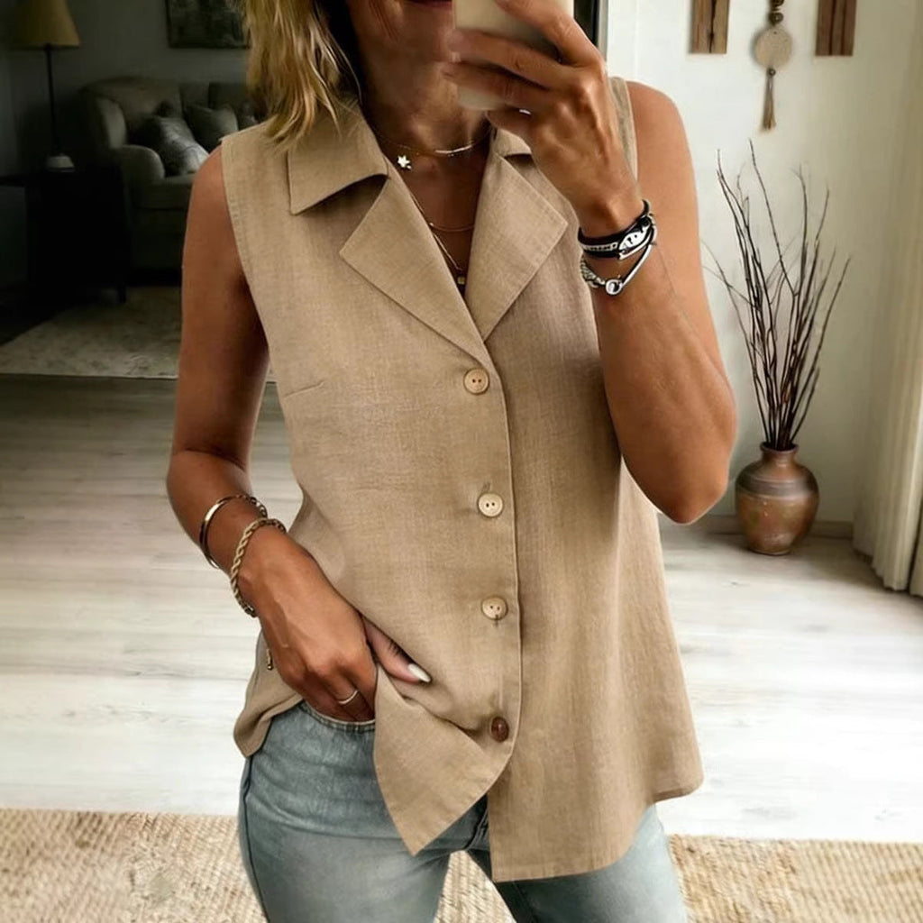 Women's Solid-Color Sleeveless Loose Vest Top – Button Detail