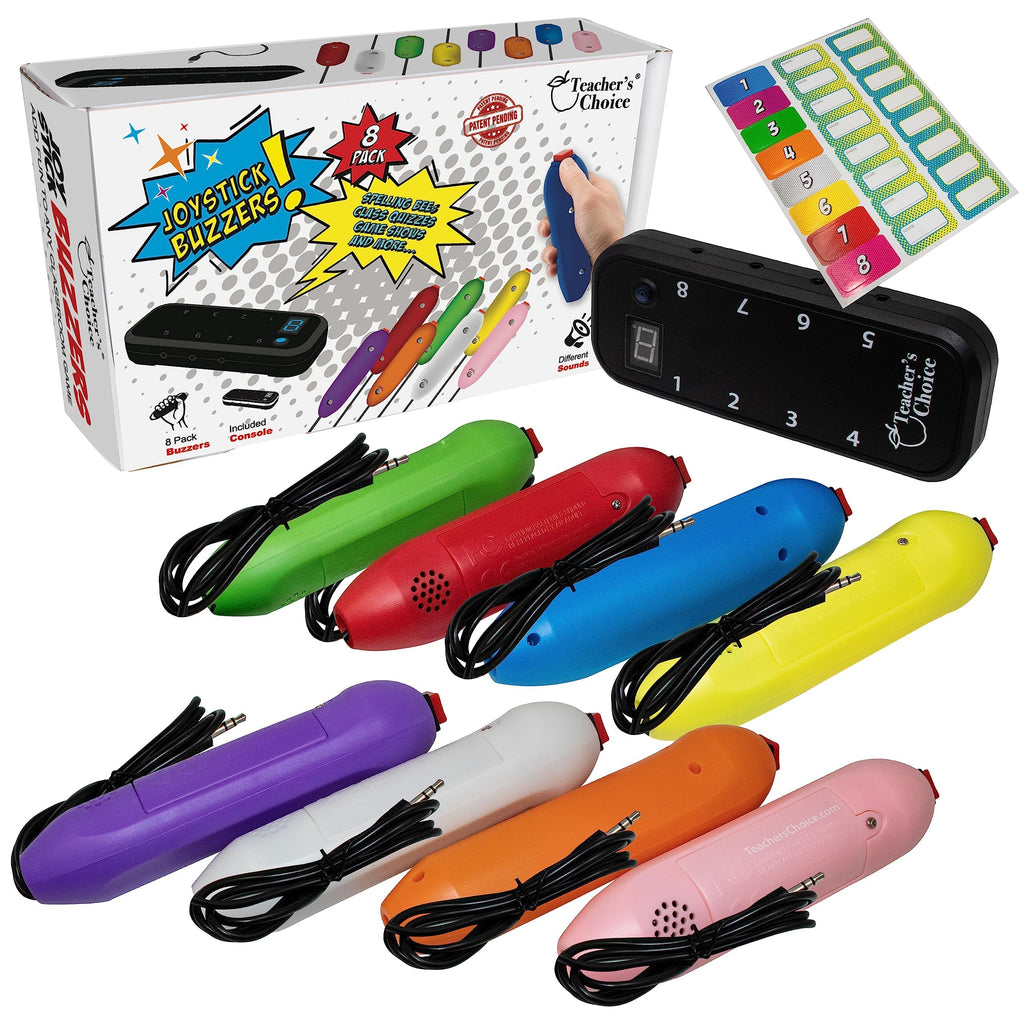 Teachers Choice 8 Color Handheld Buzzer Game System - Console Displays First Buzz-in - Great for Jeopardy Family Feud Trivia and Buzzer Games - Controller with 8 Joystick Buzzers 8 Unique Sounds