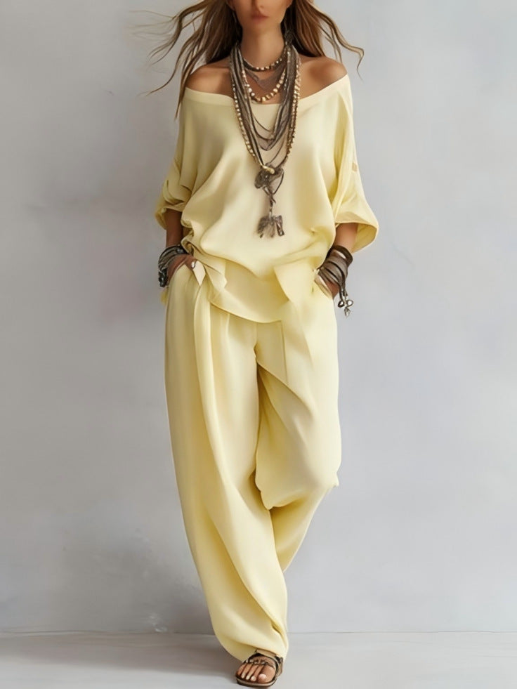 Off-Shoulder Cotton-Linen Wide-Leg Pants Set – 6 Colors, S–5XL