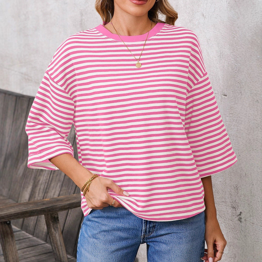 Women's Striped Back Tie-Bow Pullover Top – Round Neck 3/4 Sleeve