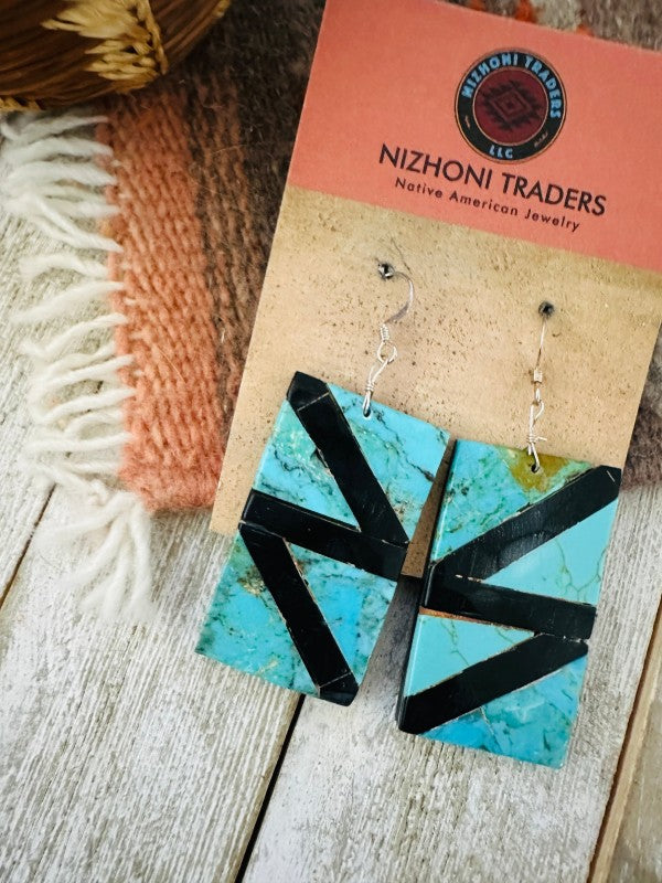Santo Domingo Turquoise & Onyx Inlay Dangle Earrin