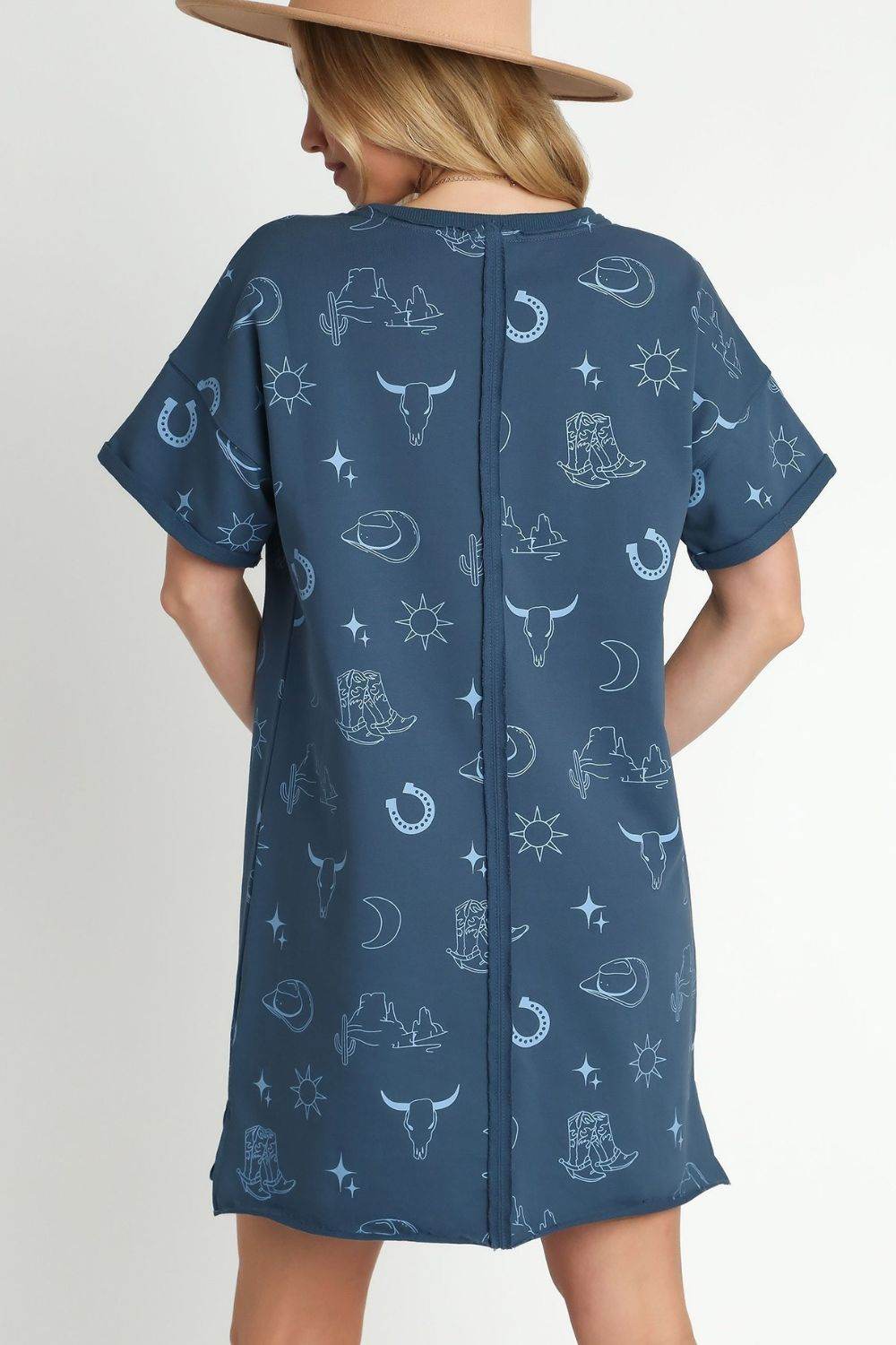 Umgee Full Size French Terry Short Sleeve Round Neck Dress Plus Size
