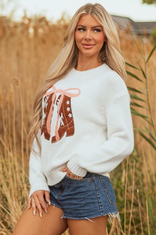 Western Bow Boots Embroidered Drop Shoulder Sweate