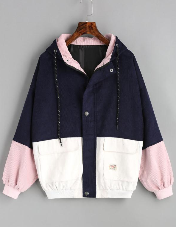 2021 Korean version of college wind student BF loose color matching hooded baseball uniform corduroy tooling jacket female