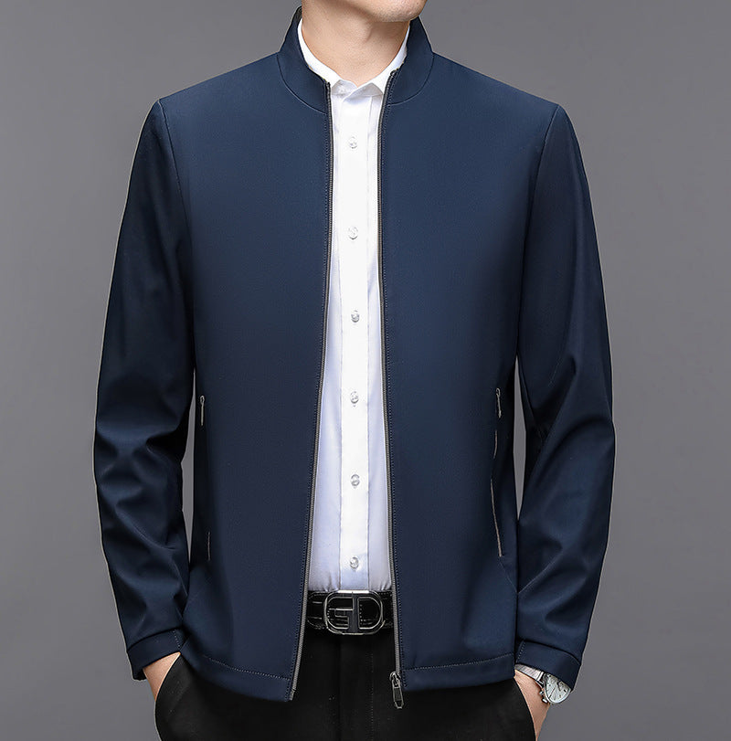 Men's Stand Collar Casual Jacket - Lightweight Middle-Aged Outerwear (Blue/Black/Brown, Sizes 170-195cm)