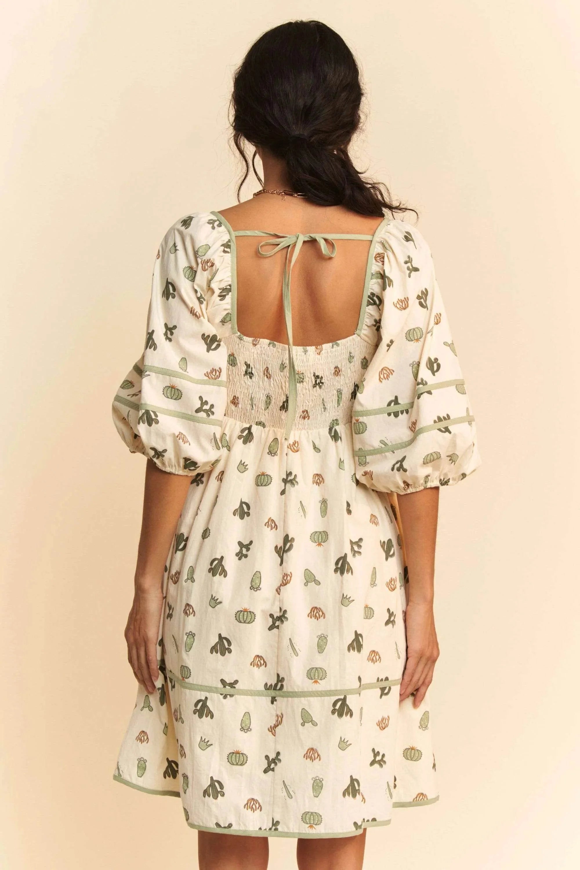 Davi & Dani Cactus Printed Poplin Contrast Piping Mini Dress