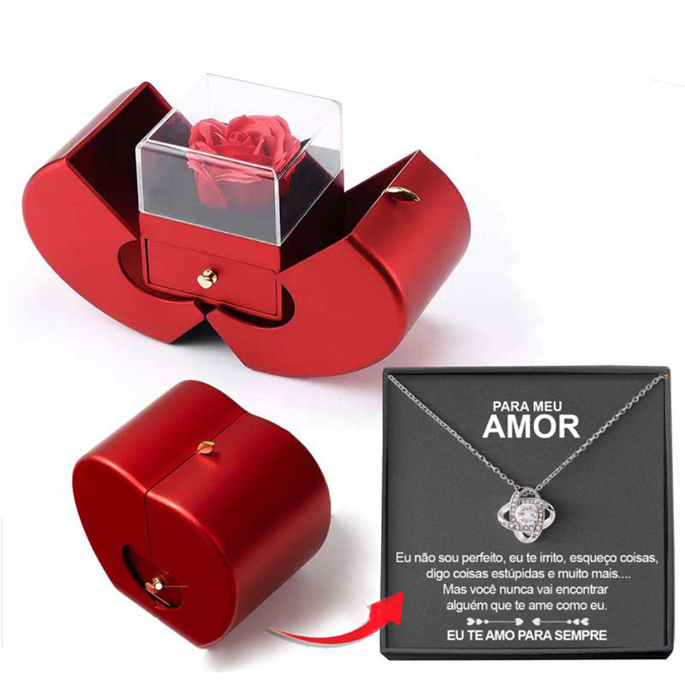 Fashion Jewelry Box Red Apple Gift Necklace Eternal Rose For Girl Mother's Day Valentine's Day Gifts With Artificial Flower Rose Flower Jewelry Box