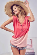 BiBi Color Block Contrast Stitching Buttoned Henley Top