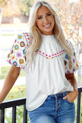 Khaleesi Embroidered Smocked Neck Puff Sleeve Top