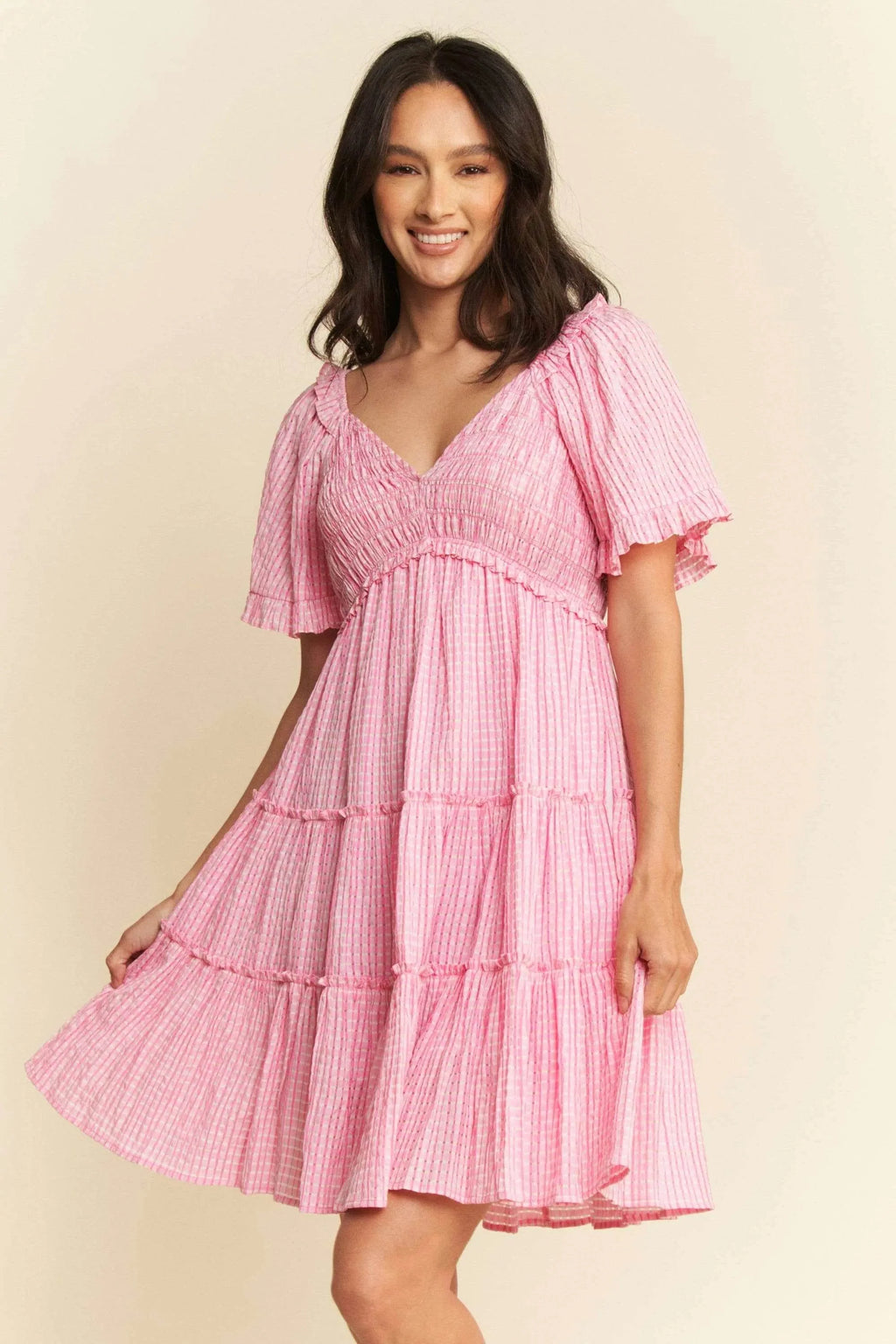 Davi & Dani Jacquard Checker Smocking Tiered Dress