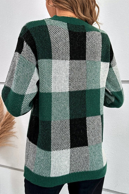Plaid Print Round Neck Knit Loose Fit Sweater