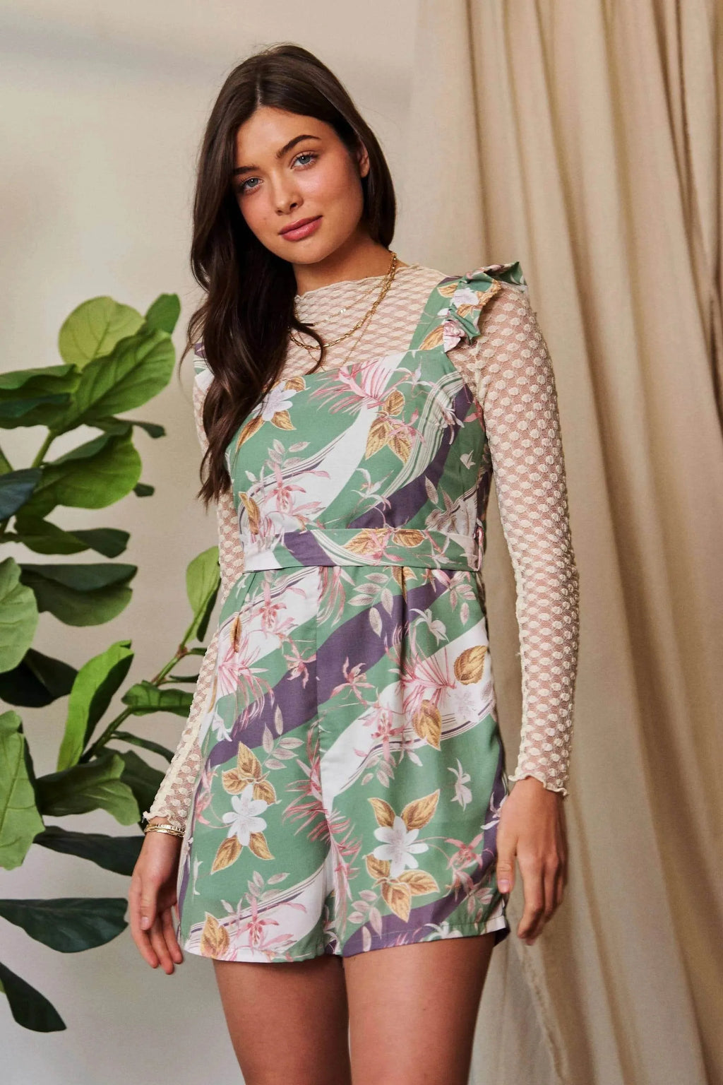 Davi & Dani Floral Square Neck Ruffled Sleeveless Mini Romper