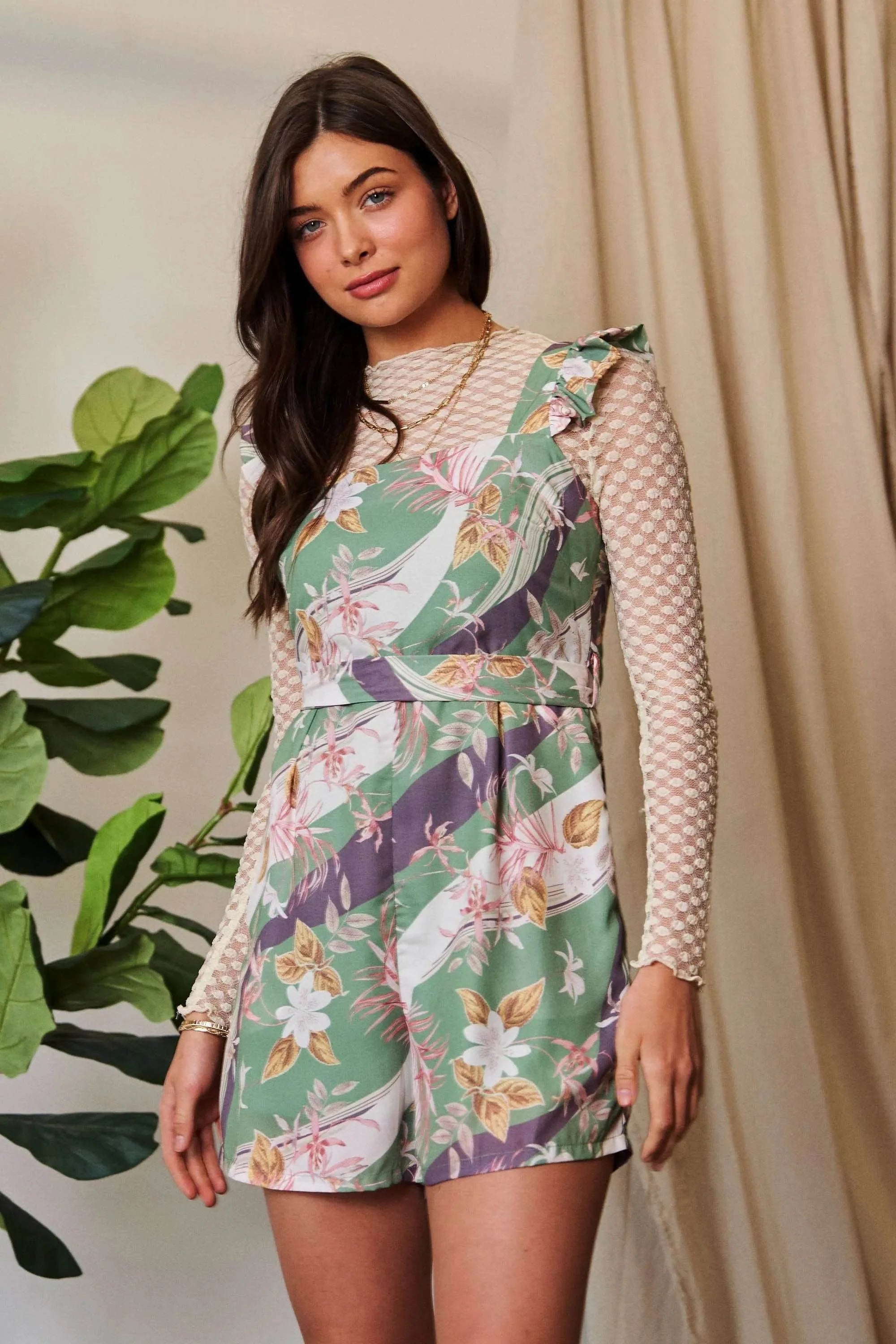 Davi & Dani Floral Square Neck Ruffled Sleeveless Mini Romper