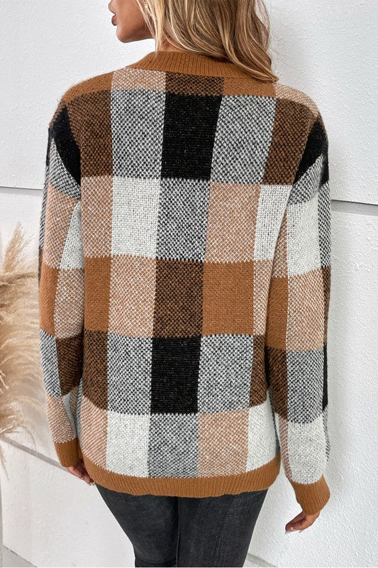 Plaid Print Round Neck Knit Loose Fit Sweater
