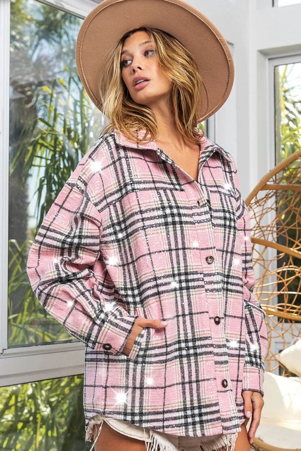 BiBi Allover Clear Sequins Vintage Plaid Jacket