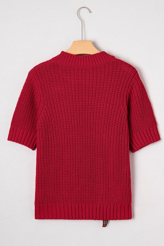 Christmas Plaid Lace-Up Puff Sleeve Sweater